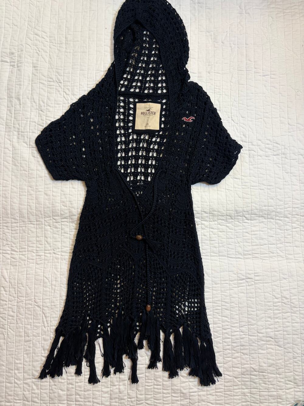 Hollister Navy Blue Crochet Fringe Hooded Boho Top NWOT